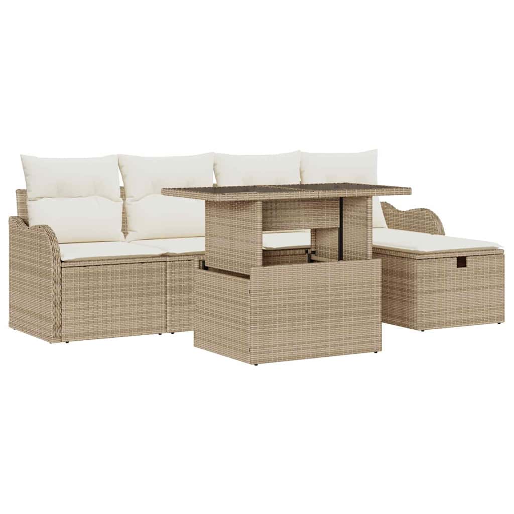 vidaXL Garten-Sofa-Set mit Kissen mit Speicher 6 pcs Beige Poly Rattan