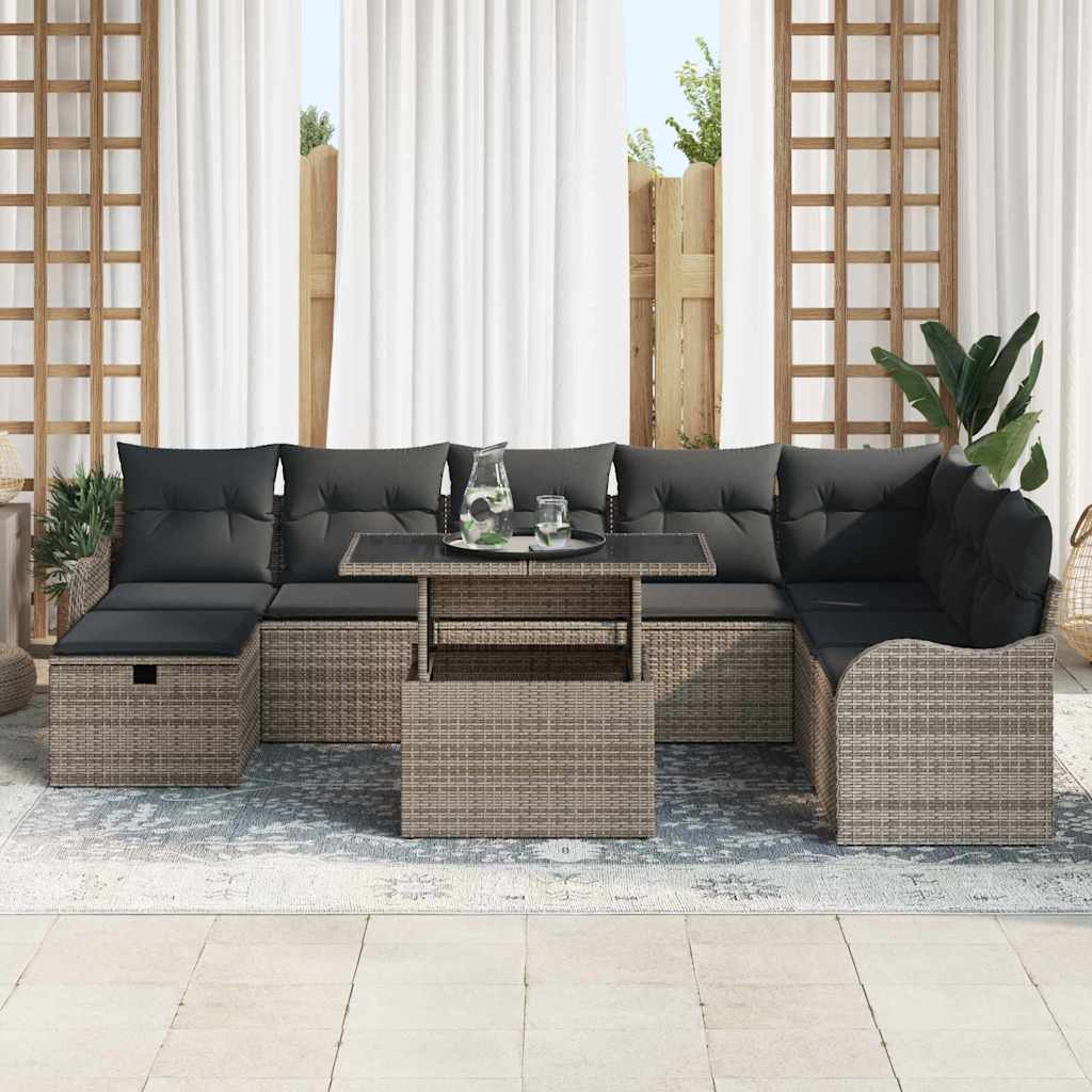 Garten-Sofa-Set mit Kissen mit Speicher 9 pcs Grau Poly Rattan