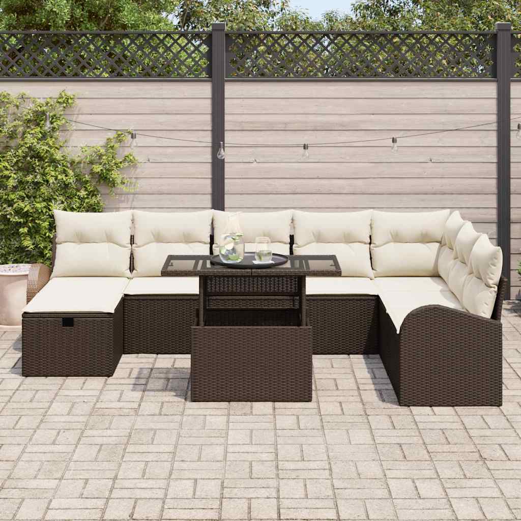 vidaXL Garten-Sofa-Set mit Kissen mit Speicher 9 pcs Braun Poly Rattan
