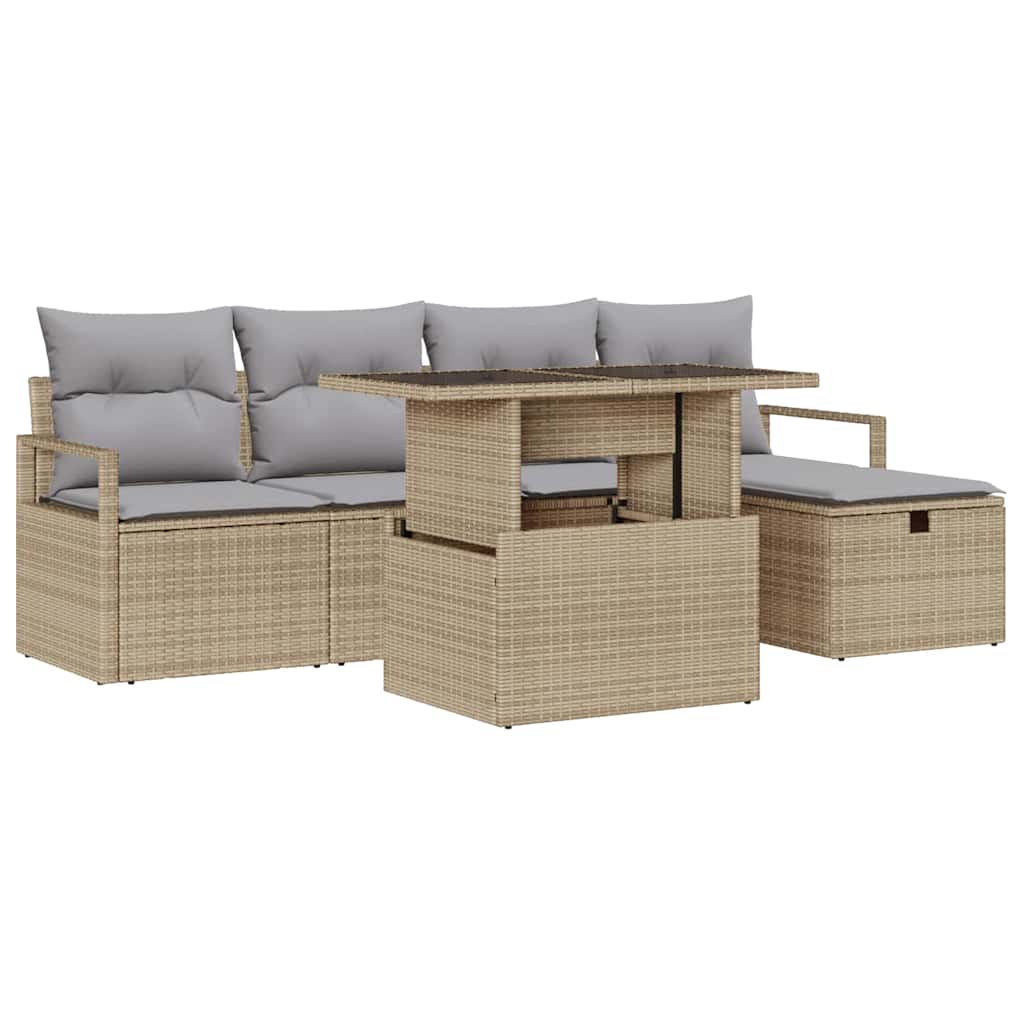 Garten-Sofa-Set mit Kissen mit Speicher 6 pcs Beige Poly Rattan