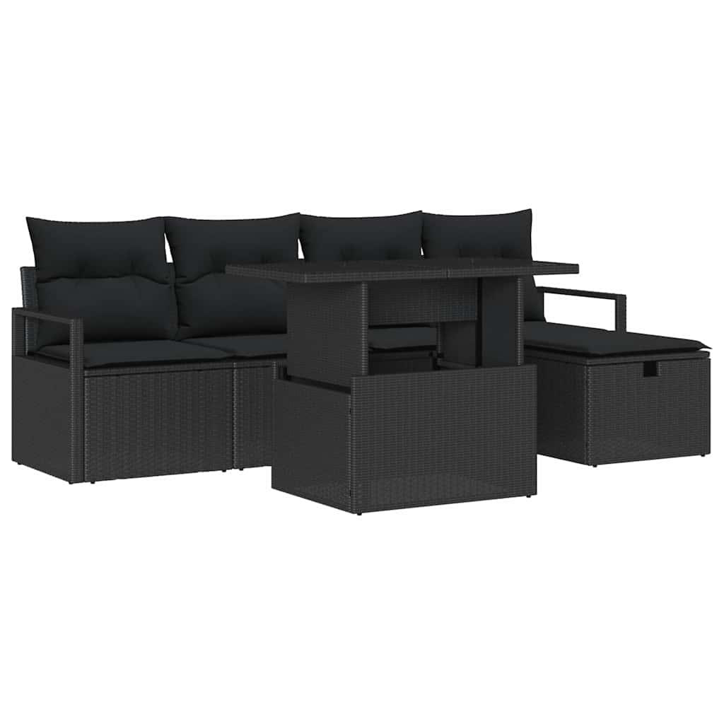 Garten-Sofa-Set mit Kissen 6 pcs Schwarz Poly Rattan