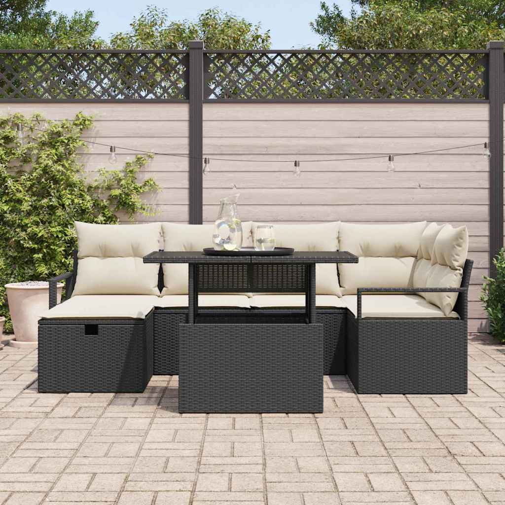 Garten-Sofa-Set mit Kissen 7 pcs Schwarz Poly Rattan