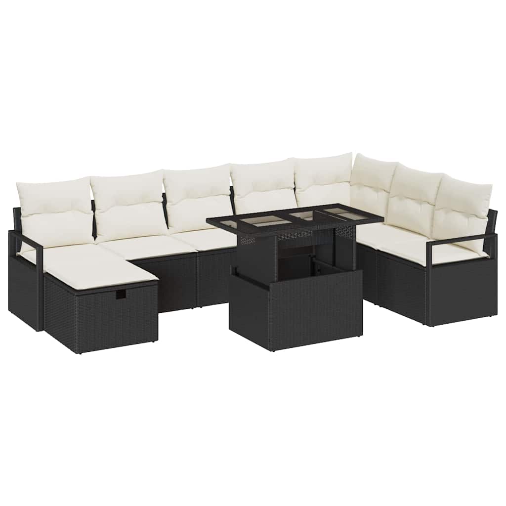 Garten-Sofa-Set mit Kissen 9 pcs Schwarz Poly Rattan
