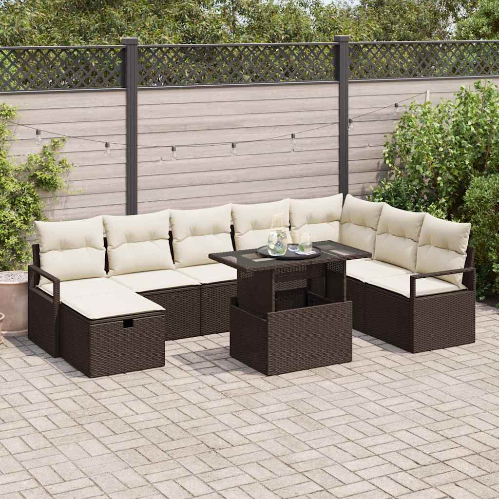 vidaXL Garten-Sofa-Set mit Kissen mit Speicher 9 pcs Braun Poly Rattan