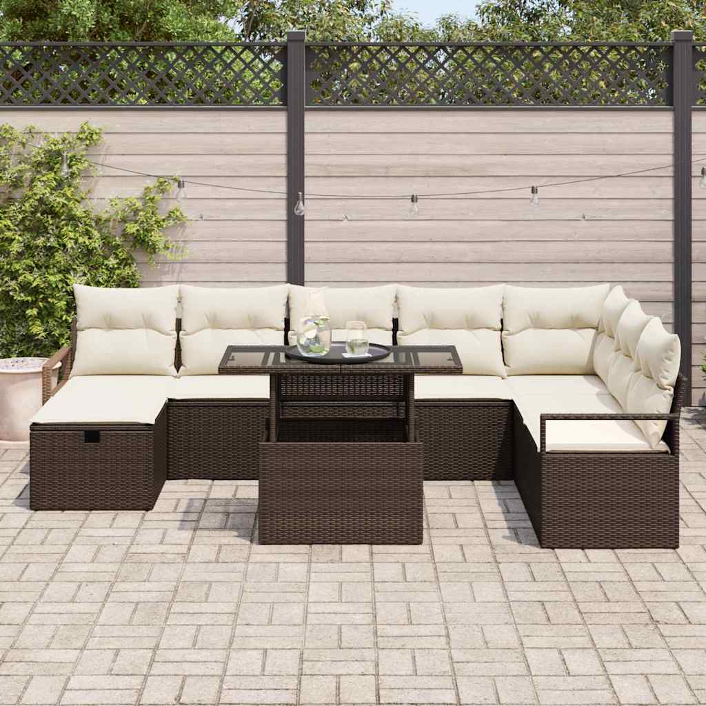 vidaXL Garten-Sofa-Set mit Kissen mit Speicher 9 pcs Braun Poly Rattan