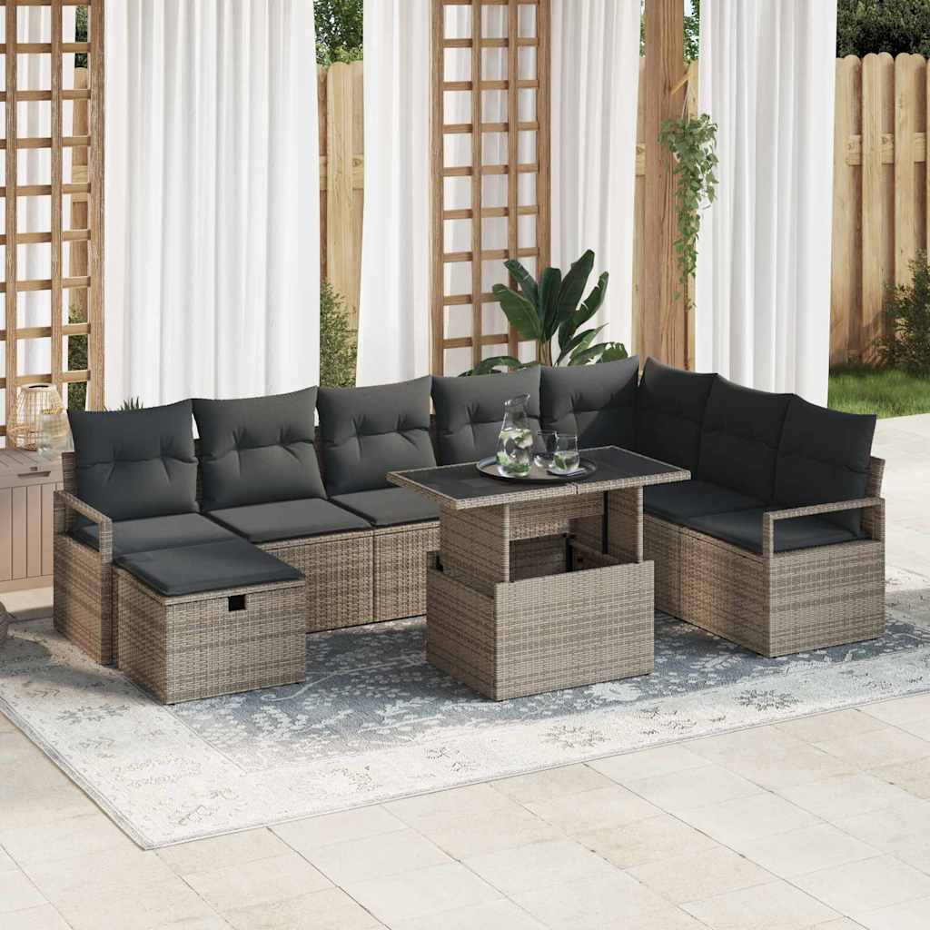 Garten-Sofa-Set mit Kissen mit Speicher 9 pcs Grau Poly Rattan