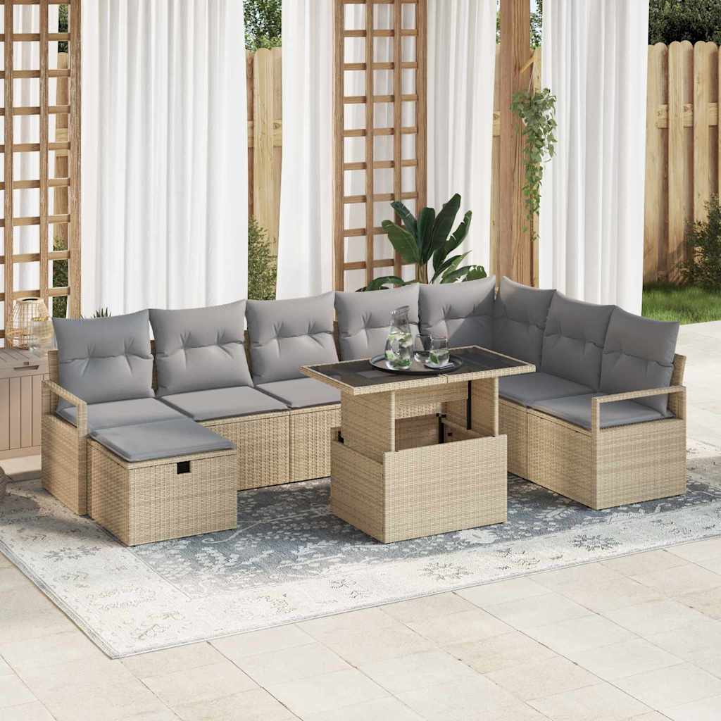 Garten-Sofa-Set mit Kissen mit Speicher 9 pcs Beige Poly Rattan