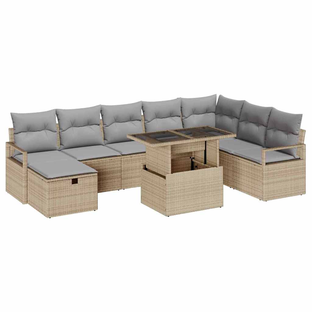Garten-Sofa-Set mit Kissen mit Speicher 9 pcs Beige Poly Rattan