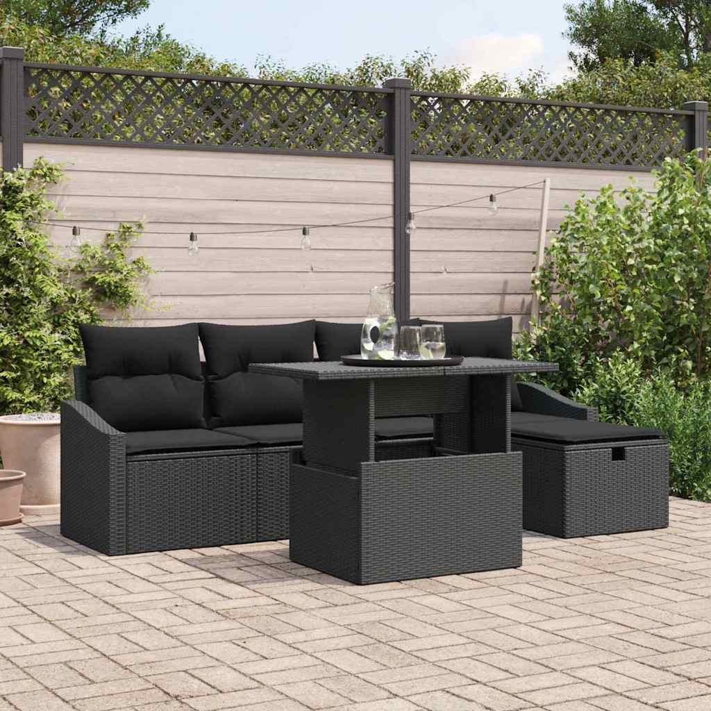 Gartensofa-set mit Kissen 6 pcs Schwarz Poly-Rattan