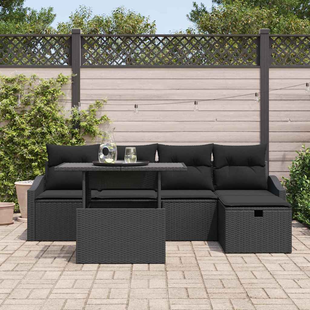 Gartensofa-set mit Kissen 6 pcs Schwarz Poly-Rattan