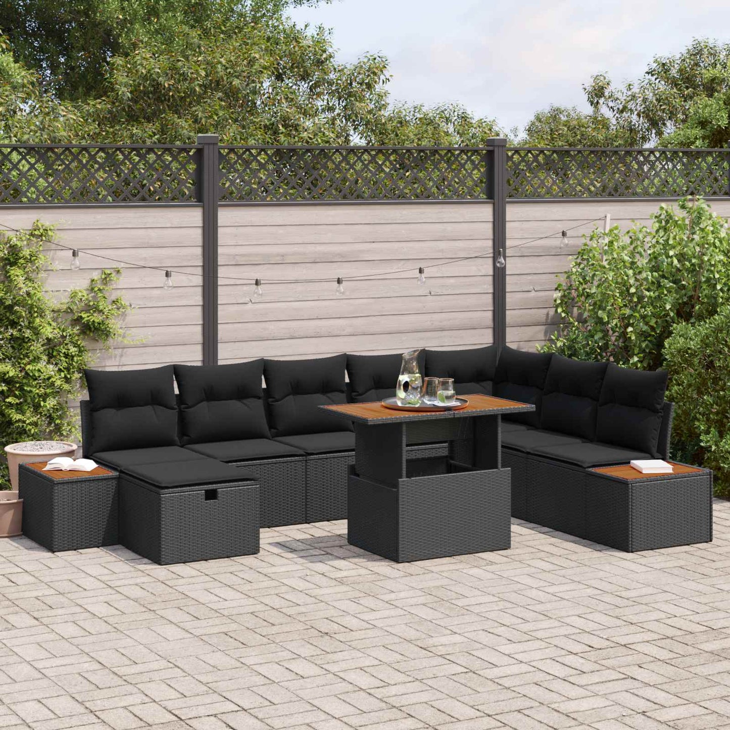 Gartensofa-set mit Kissen 9 pcs Schwarz Poly-Rattan