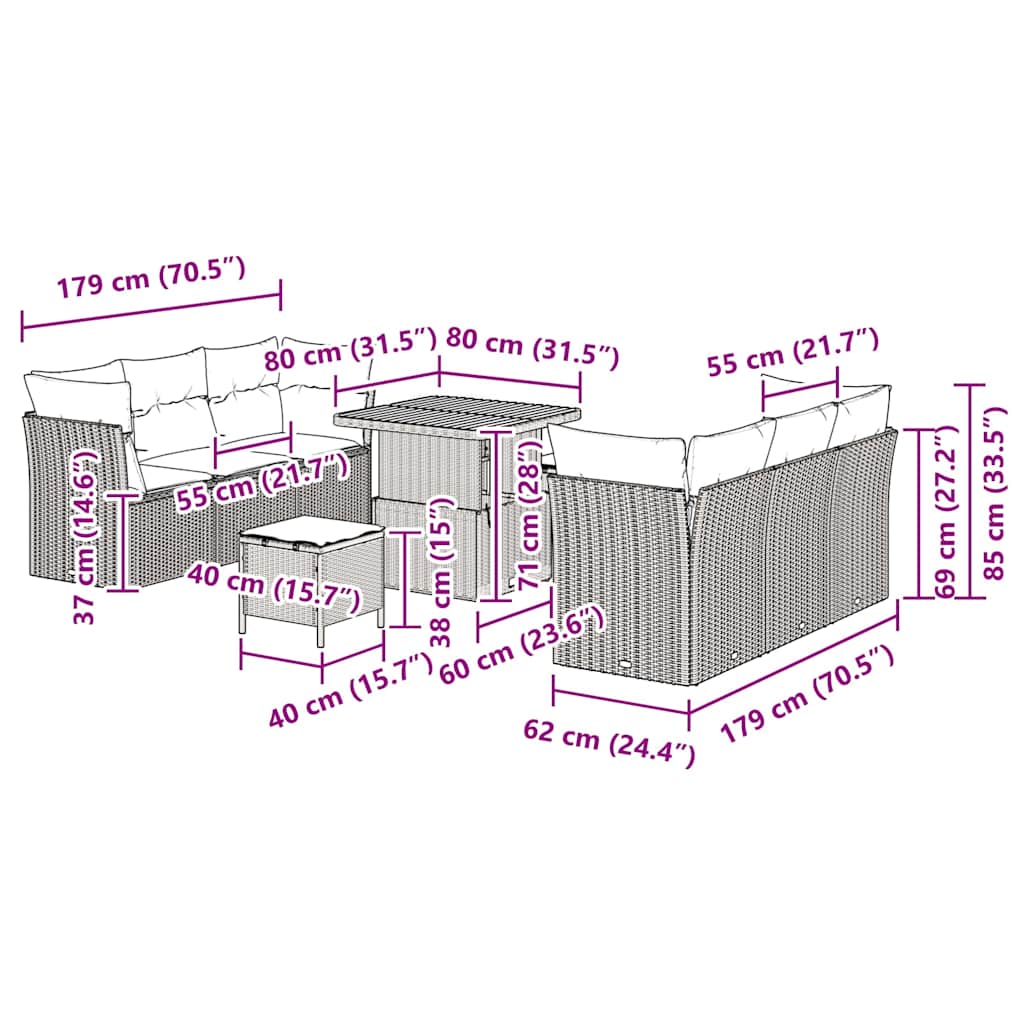 vidaXL Gartensofa-set mit Kissen 9 pcs Beige Poly-Rattan