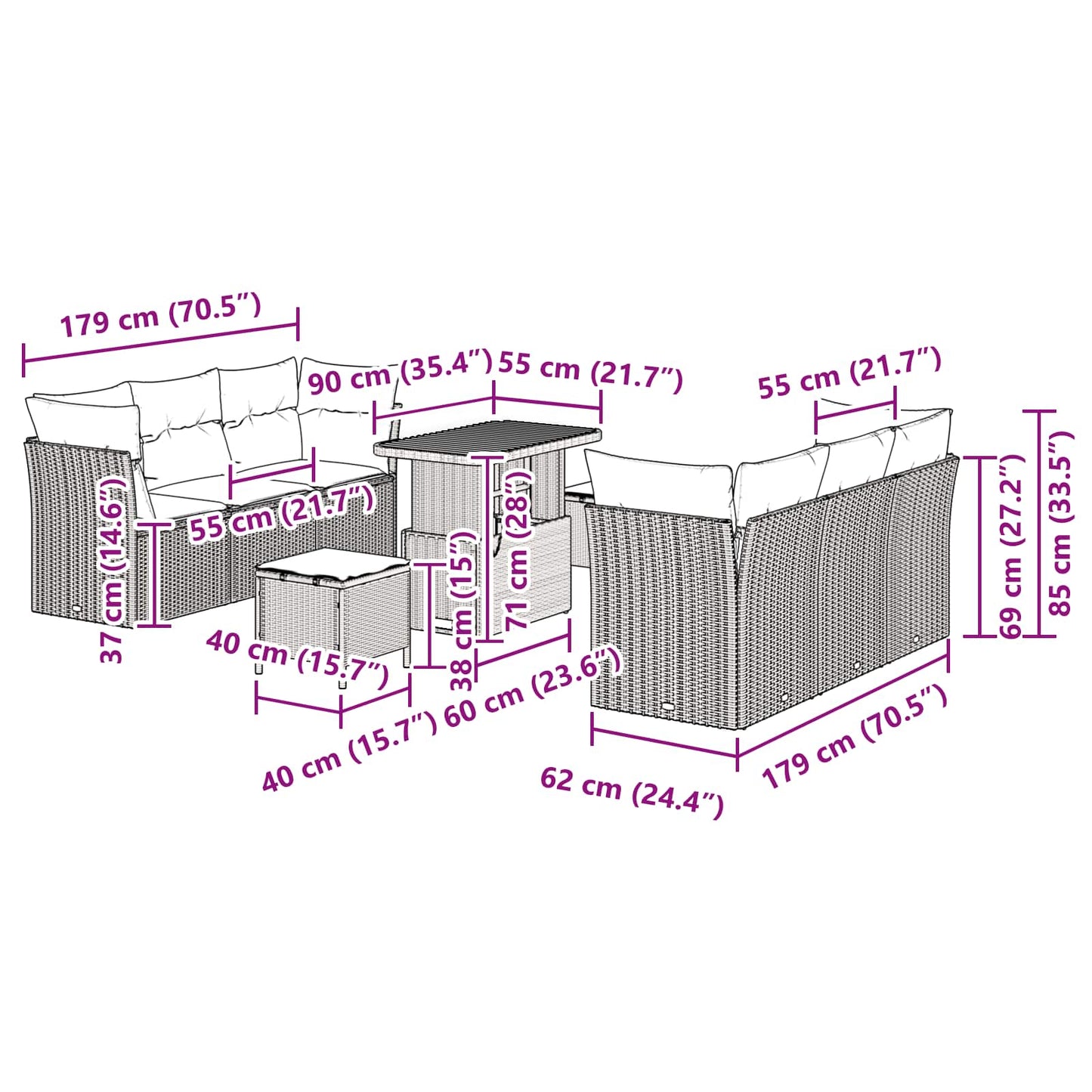 Gartensofa-set mit Kissen 9 pcs Schwarz Poly-Rattan