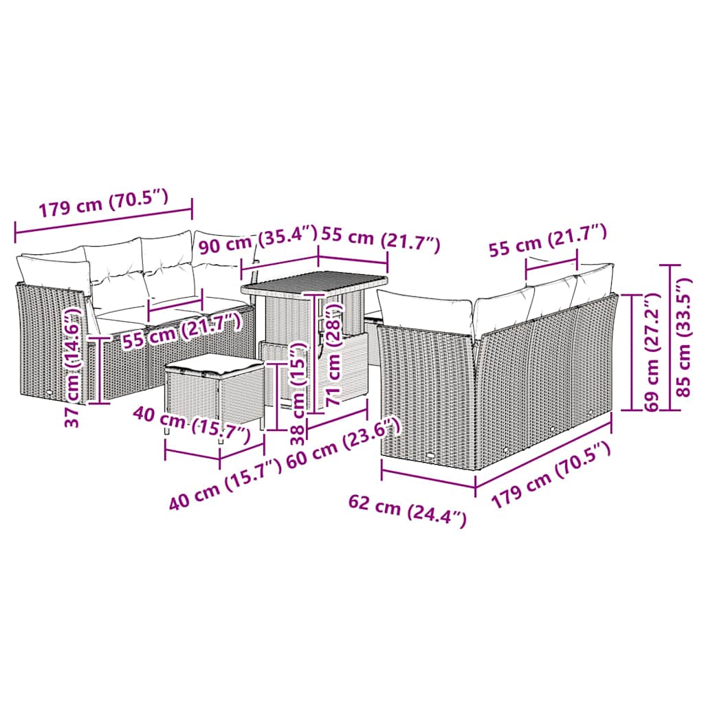 vidaXL Gartensofa-set mit Kissen 9 pcs Beige Poly-Rattan