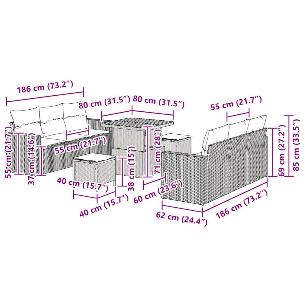 Garten-Sofa-Set 9 pcs Grau Poly-Rattan