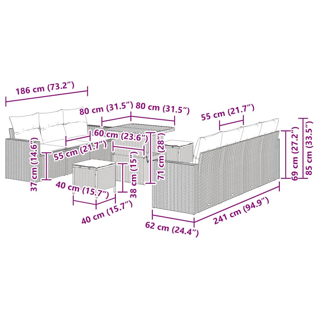 Gartensofa-set mit Kissen 10 pcs Schwarz Poly-Rattan