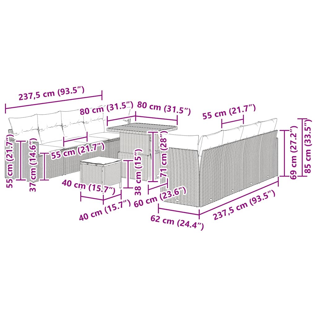 Gartensofa-set 11 pcs Grau Poly-Rattan