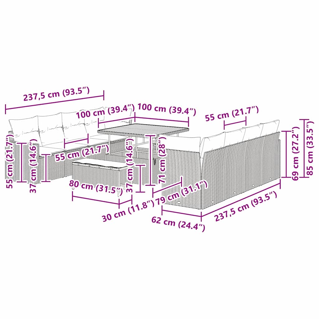 Gartensofa-set 11 pcs Schwarz Poly-Rattan
