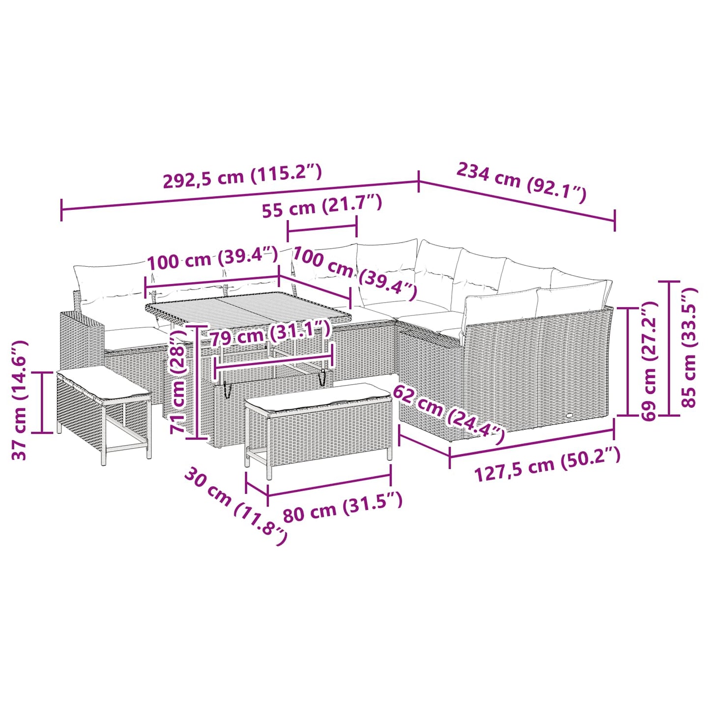 vidaXL Ensemble de canapés de jardin 12 pcs Résine tressée Noir