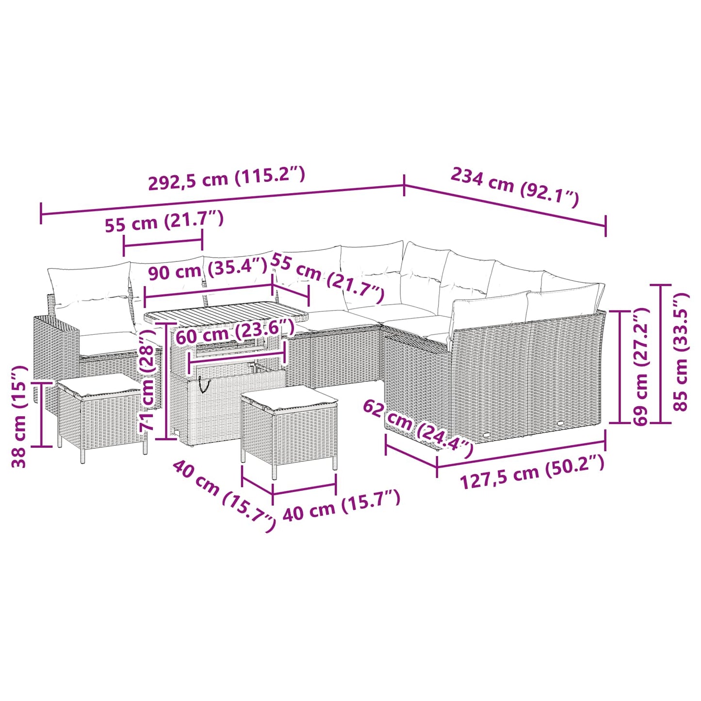 Gartensofa-set 12 pcs Schwarz Poly-Rattan