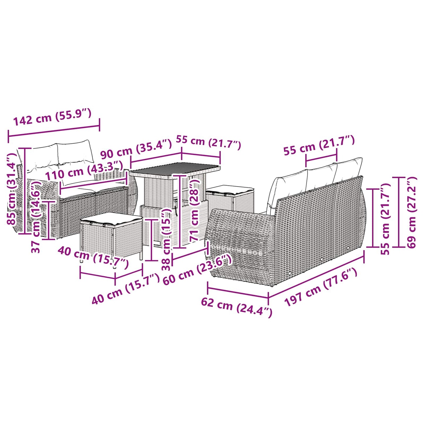 vidaXL Ensemble de canapés de jardin 8 pcs Noir résine tressée