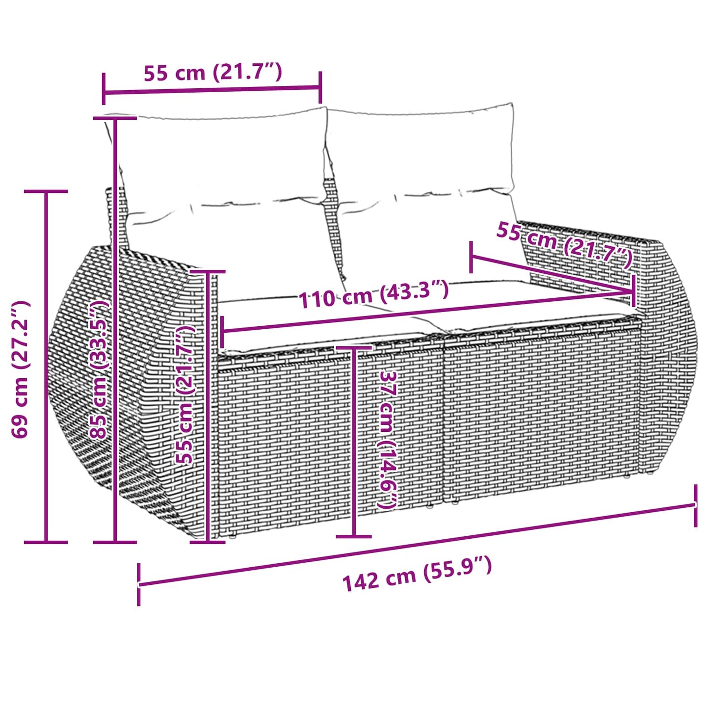 Gartensofa-set mit Kissen 10 pcs Schwarz Poly-Rattan