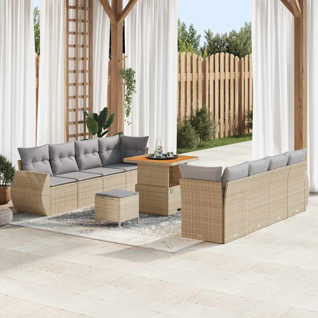 Gartensofa-set mit Kissen mit Speicher 11 pcs Beige Poly-Rattan