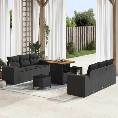Gartensofa-set mit Kissen 9 pcs Schwarz Poly Rattan