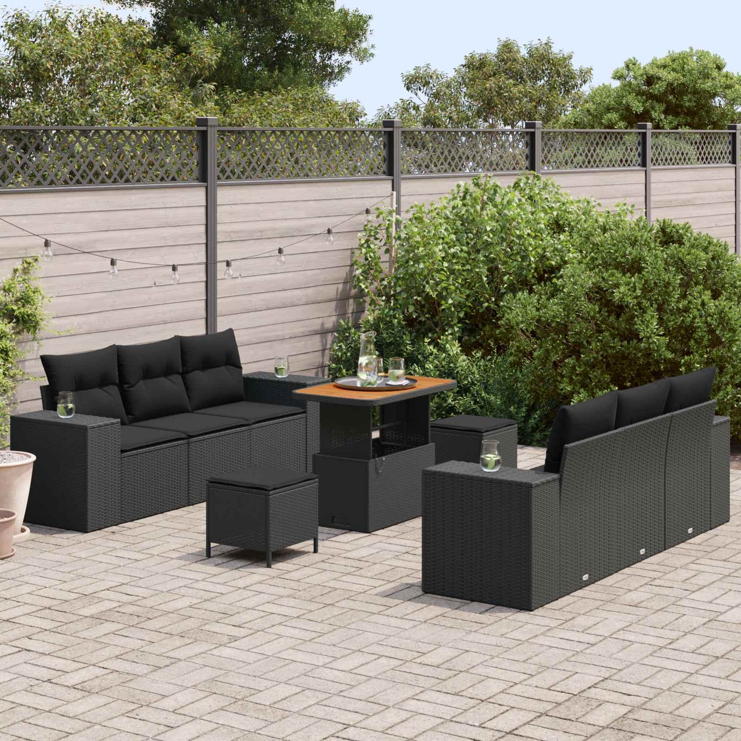 Gartensofa-set mit Kissen 9 pcs Schwarz Poly Rattan