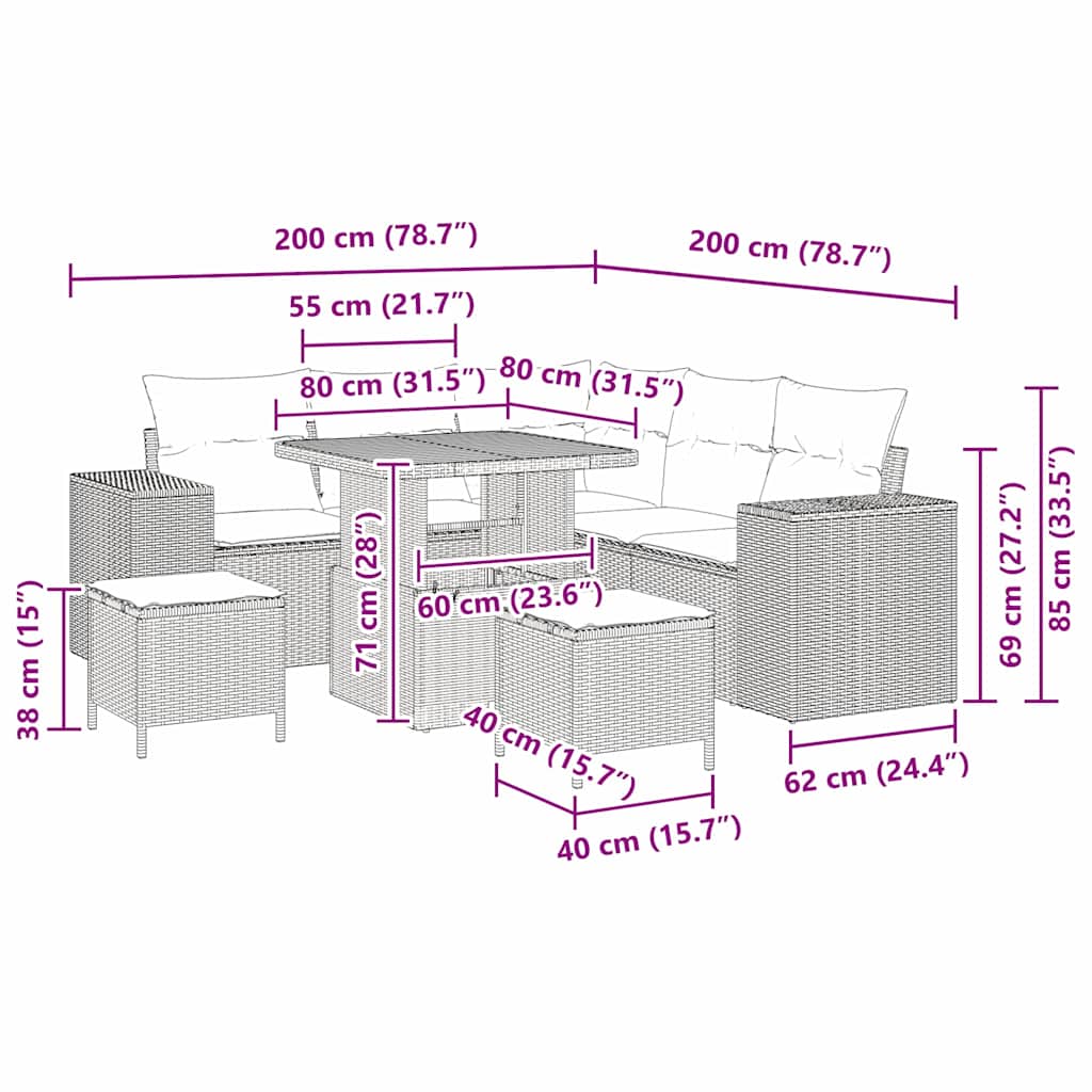 Gartensofa-set mit Kissen 8 pcs Schwarz Poly-Rattan