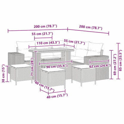 Gartensofa-set mit Kissen 9 pcs Grau Poly-Rattan
