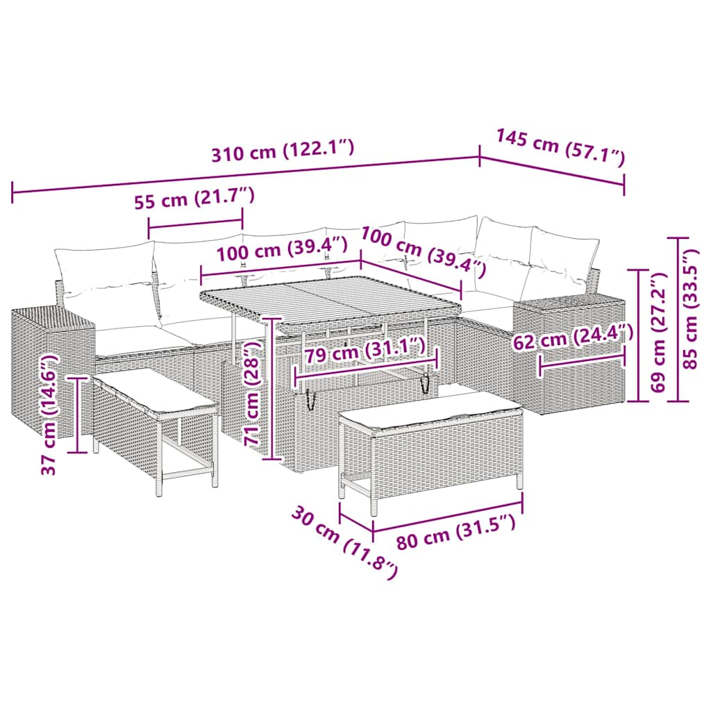 Gartensofa-set mit Kissen 9 pcs Grau Poly-Rattan