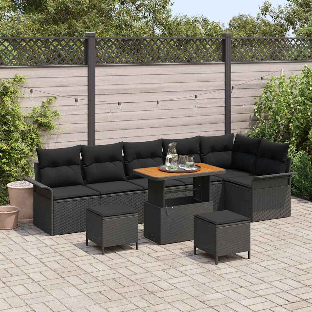 Gartensofa-set mit Kissen 9 pcs Schwarz Poly-Rattan