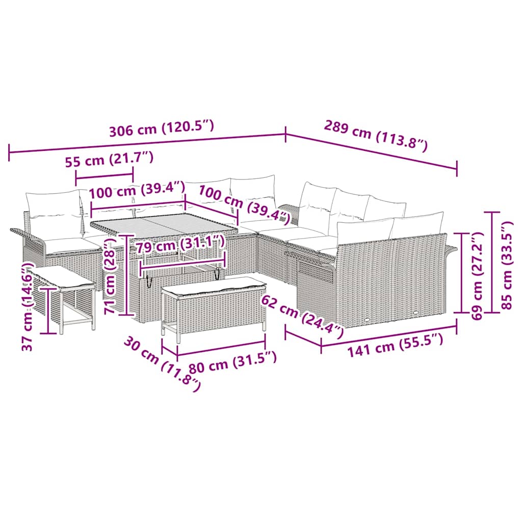 vidaXL Salon de jardin avec coussins 13 pcs Beige résine tressée
