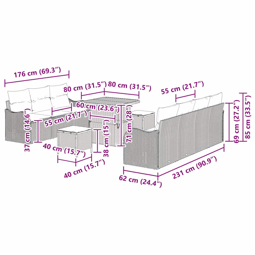vidaXL Gartensofa-set mit Kissen 10 pcs Grau Poly-Rattan