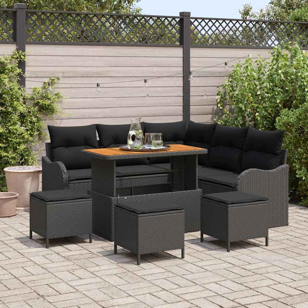 Gartensofa-set mit Kissen 9 pcs Schwarz Poly-Rattan