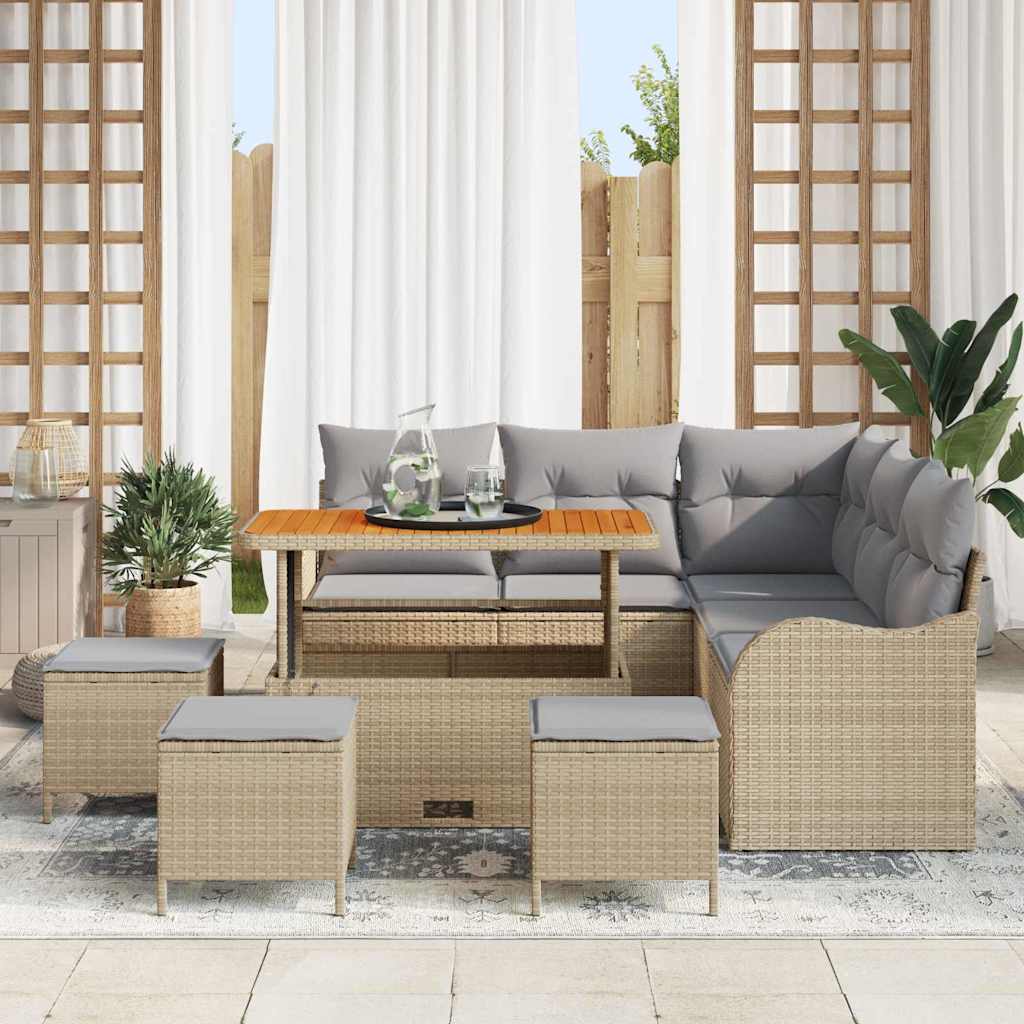 Gartensofa-set mit Kissen 9 pcs Beige Poly-Rattan
