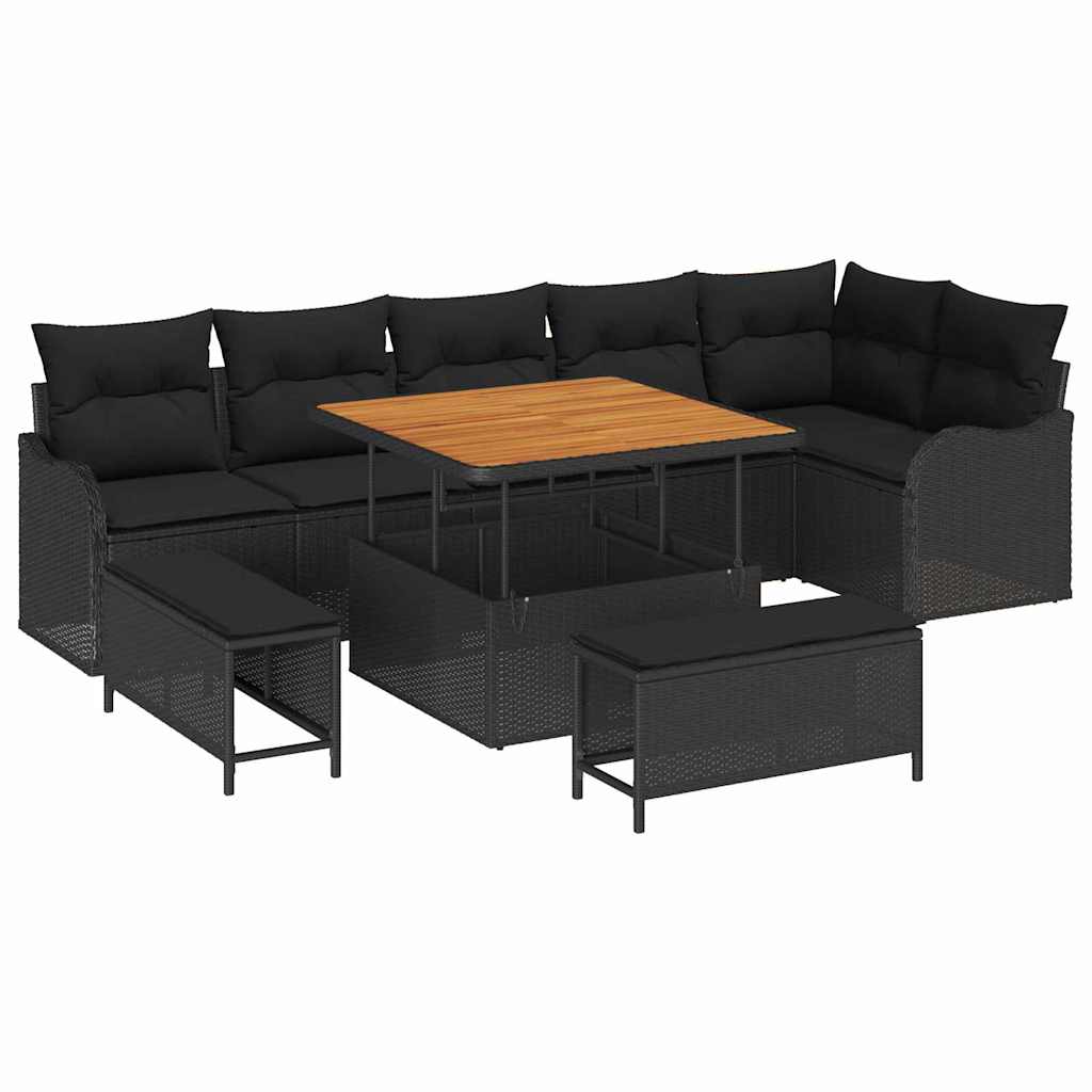 Gartensofa-set mit Kissen 9 pcs Schwarz Poly-Rattan