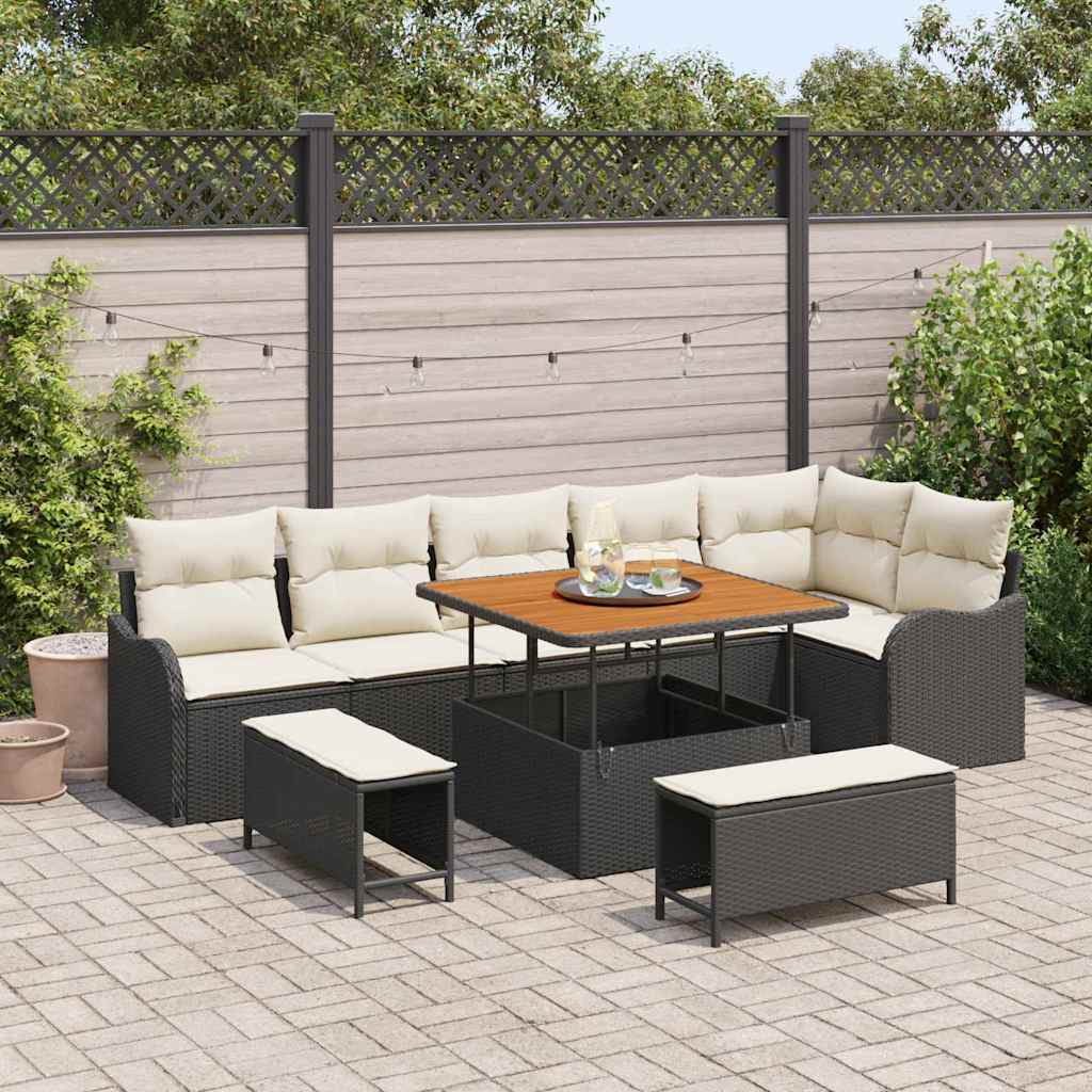 Gartensofa-set mit Kissen 9 pcs Schwarz Poly-Rattan