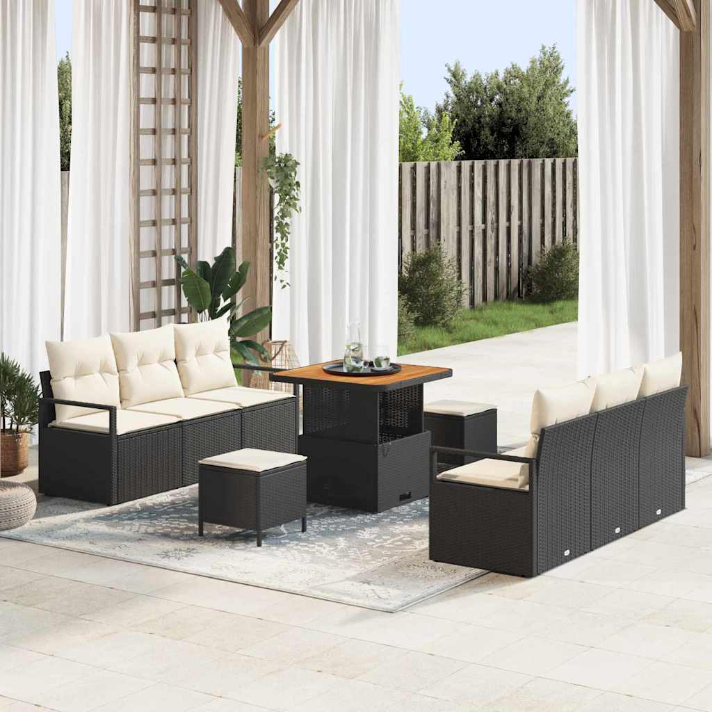 Gartensofa-set mit Kissen 9 pcs Schwarz Poly-Rattan