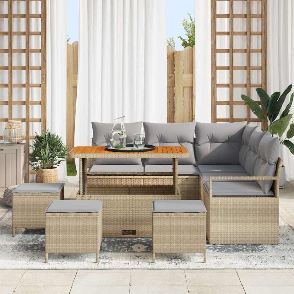 Gartensofa-set mit Kissen 9 pcs Beige Poly-Rattan