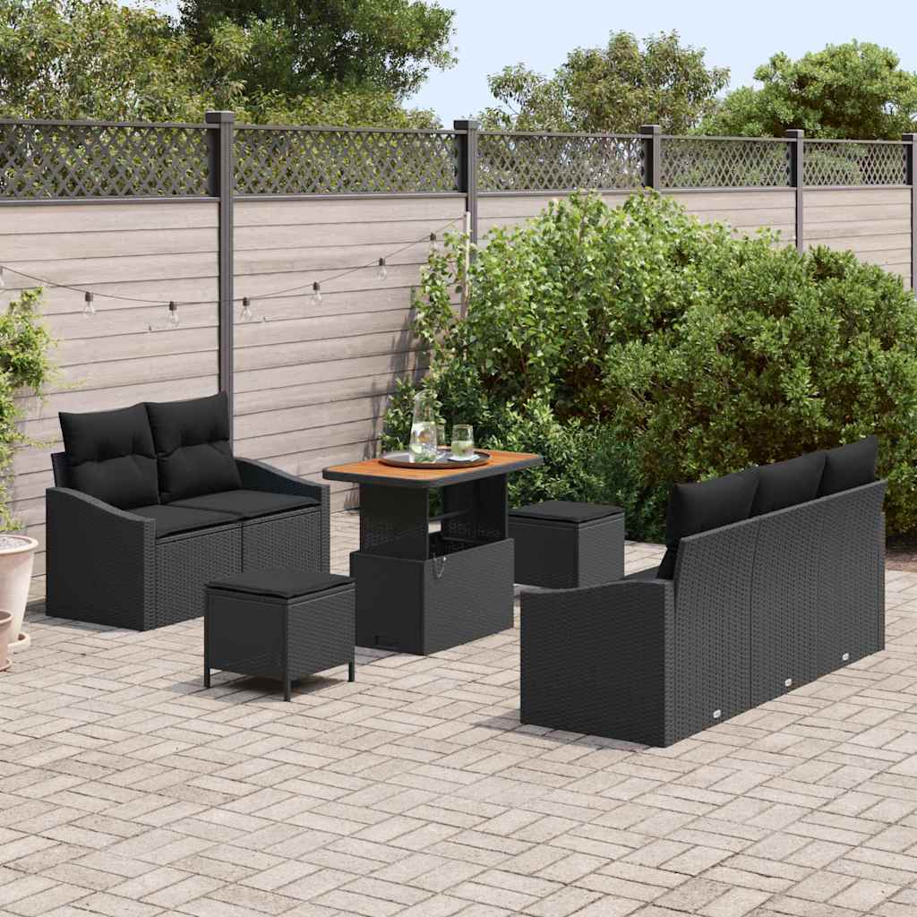 Gartensofa-set mit Kissen 8 pcs Schwarz Poly-Rattan