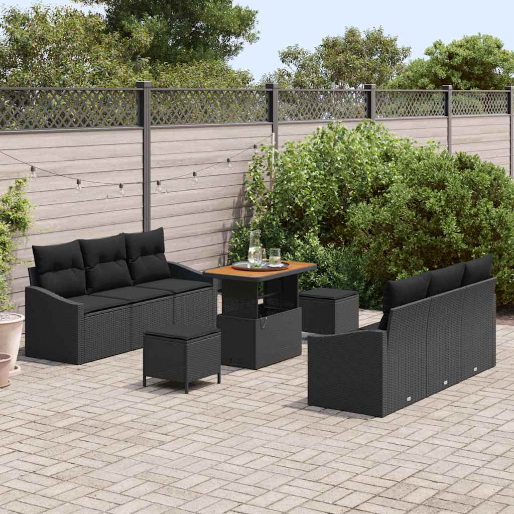 Gartensofa-set mit Kissen 9 pcs Schwarz Poly-Rattan