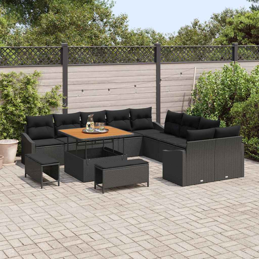 Gartensofa-set mit Kissen 13 pcs Schwarz Poly-Rattan