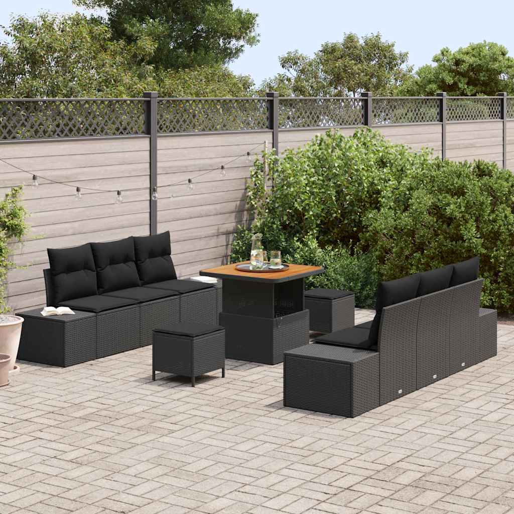 vidaXL Salon de jardin avec coussins 9 pcs Résine tressée noir