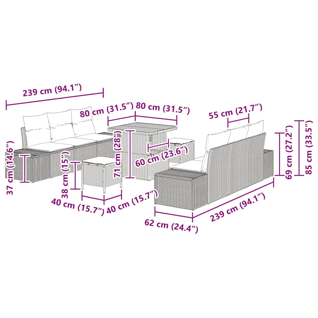 Gartensofa-set mit Kissen 9 pcs Grau Poly-Rattan