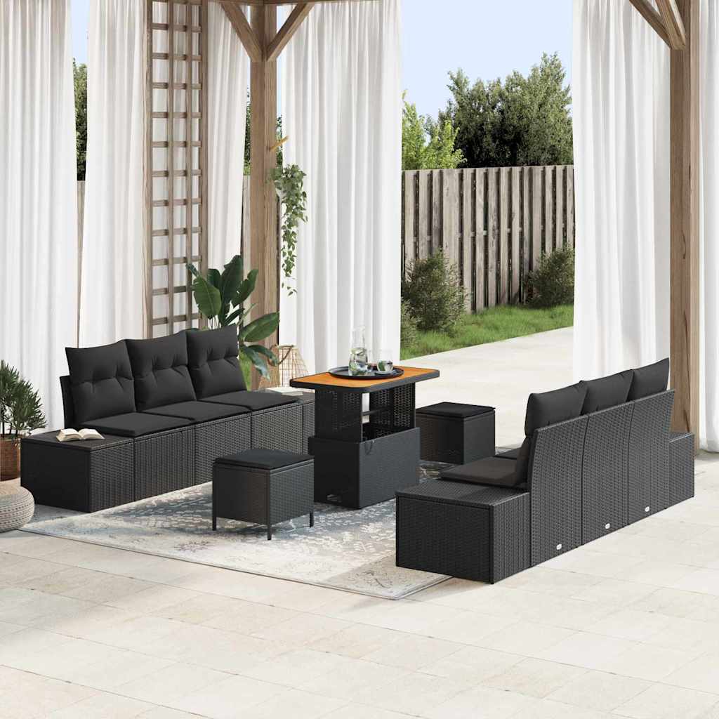 Gartensofa-set mit Kissen 9 pcs Schwarz Poly-Rattan
