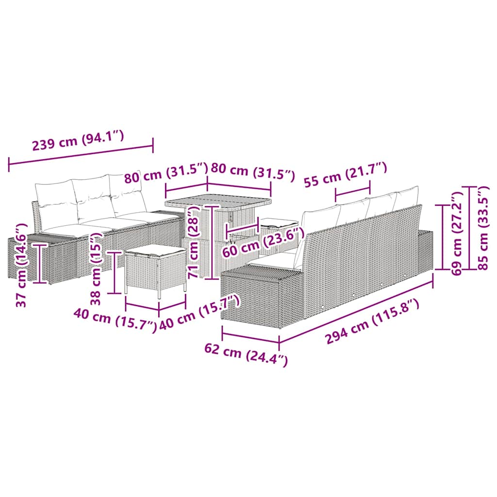 Gartensofa-set mit Kissen 10 pcs Schwarz Poly-Rattan