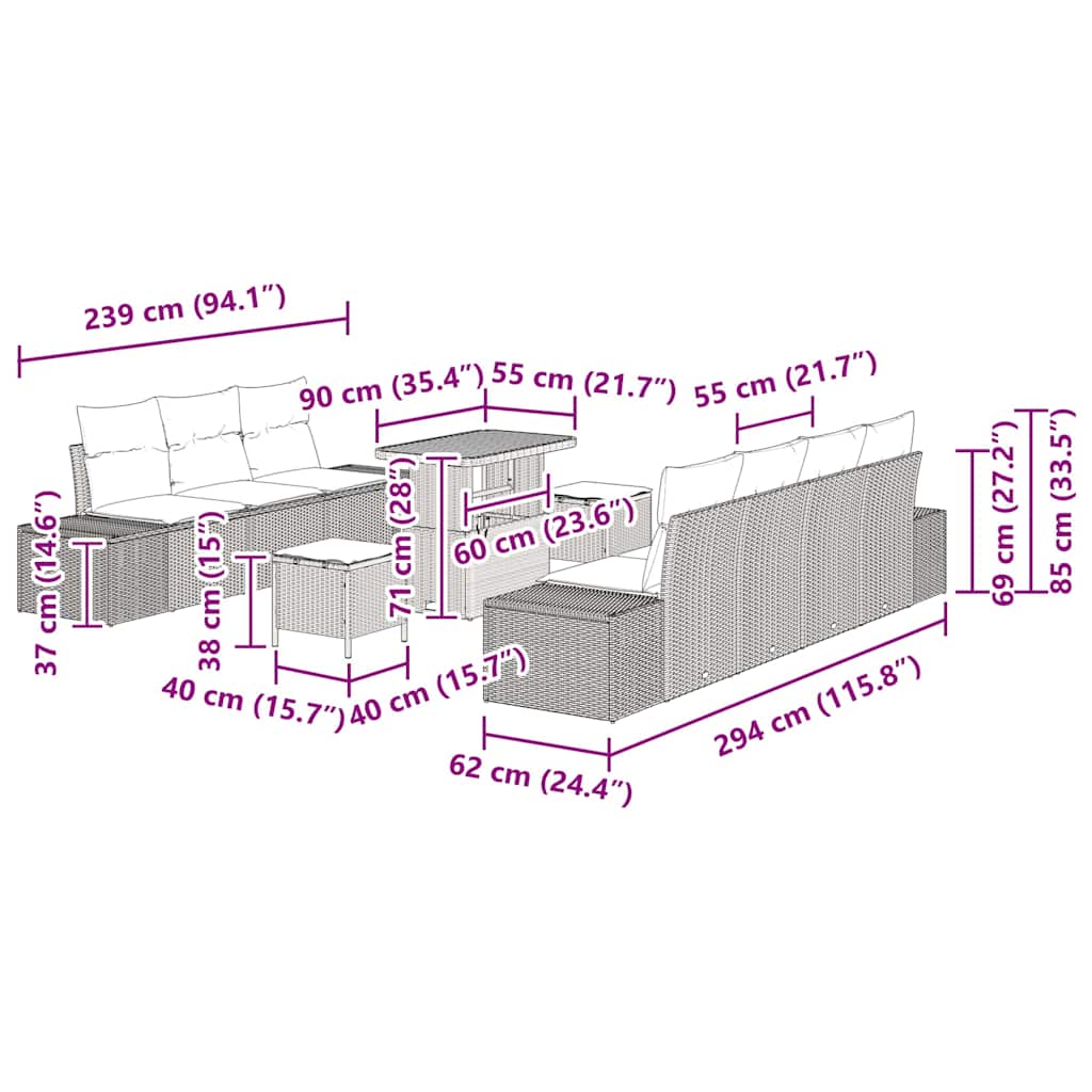 Gartensofa-set mit Kissen 10 pcs Schwarz Poly-Rattan