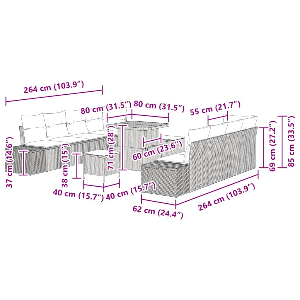 Gartensofa-set mit Kissen 11 pcs Grau Poly-Rattan